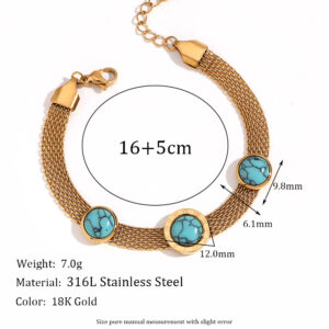 Blue Turquoise round Roman numerals woven mesh chain bracelet-Gold
