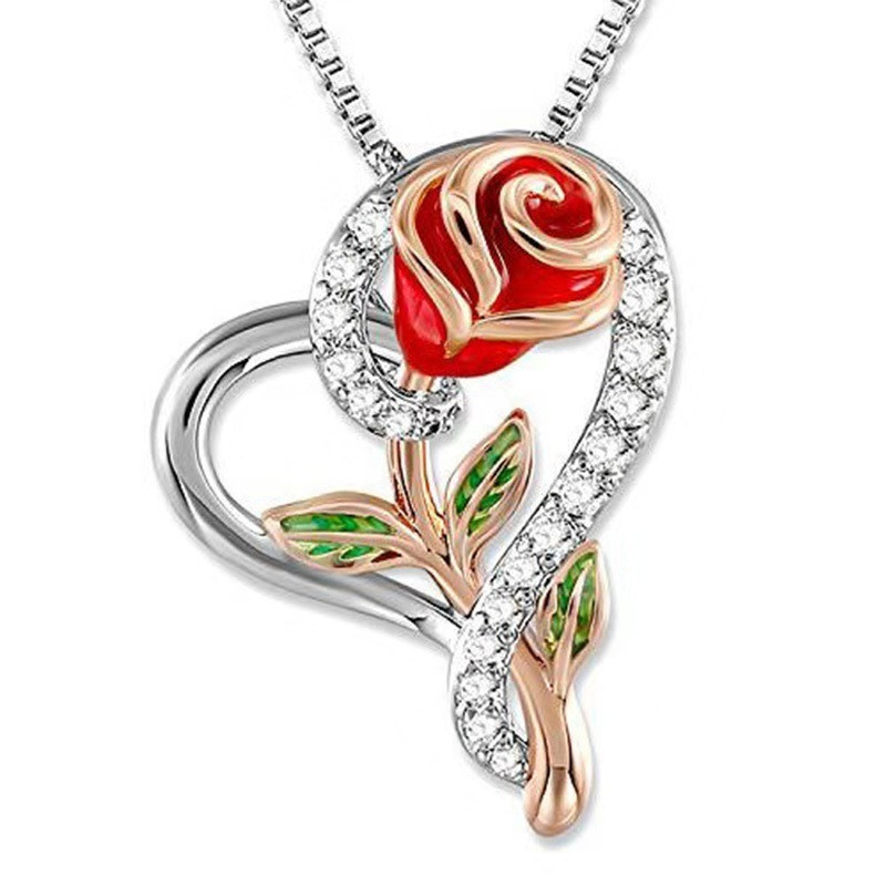 Wholesale Diamond studded heart-shaped rose necklace