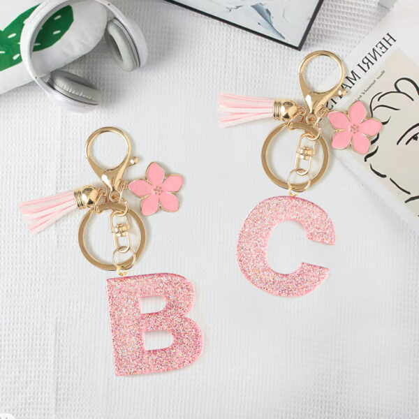 Wholesale Pink 26 letter Sparkling Pink Flower Tassel Keychain