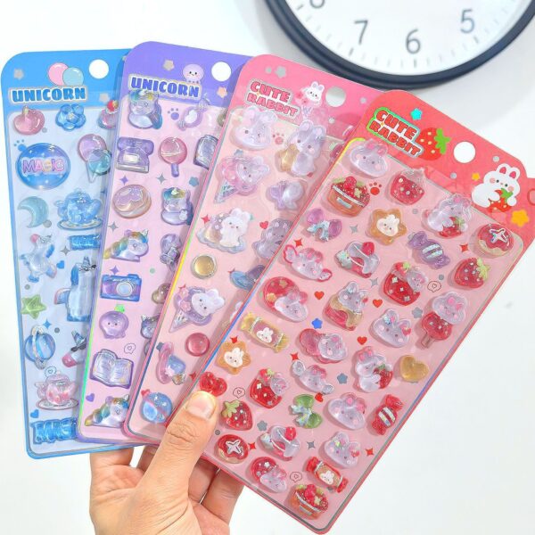 Wholesale In Stock/Embossed Stickers 3D Genuine Solid Strawberry Rabbit Unicorn Stereo Crystal Stickers Children's Cartoon Stickers