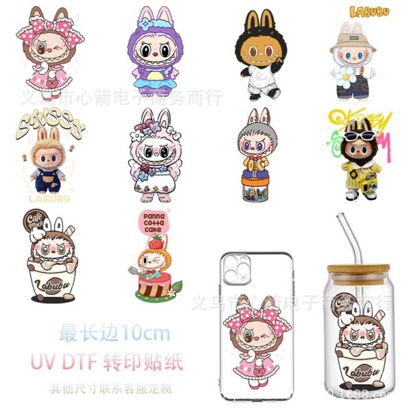 Wholesale Labubu Cartoon Uv Dtf Transfer Crystal Transparent Sticker 10cm Waterproof and Scratch-Resistant Decorative Water Cup Wholesale Cross-Border