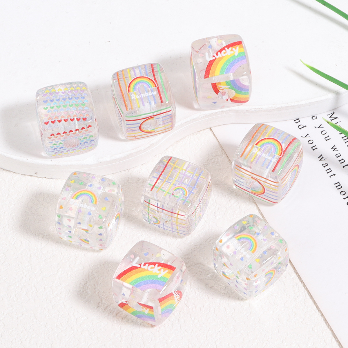 Wholesale 14mm transparent rainbow square acrylic beads
