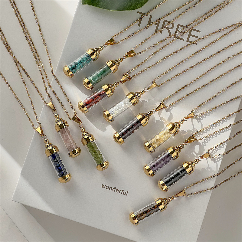 Wholesale Stainless steel necklace with a sn colored stone wish bottle that can be opened