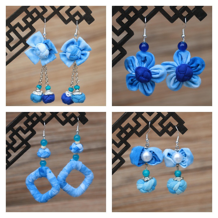 Wholesale Yunnan Dali Lijiang Ethnic Style Women's Blue-Dyed Fabric Earrings Guizhou Tie-Dye Mid-Length Earrings