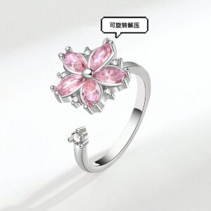 Wholesale Flower Pink Copper Inlaid Zircon Adjustable Open Ring