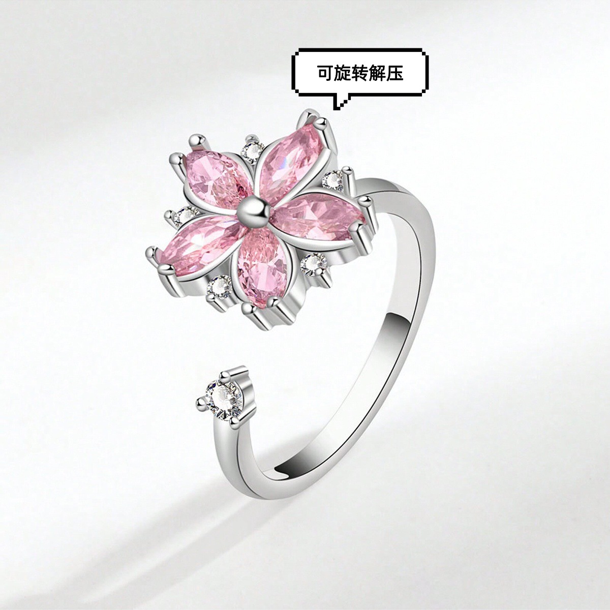 Wholesale Flower Pink Copper Inlaid Zircon Adjustable Open Ring