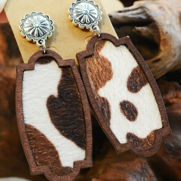 Wholesale Turquoise Inlaid Western Cowboy Earrings Plush Cow Semi-Circle Cut Out Leopard