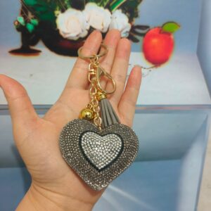 Gray white diamond heart / Keychain + heart tassel