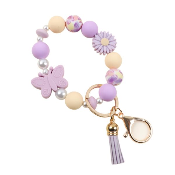 Wholesale daisy silicone printed wooden bead keychain bracelet key pendant