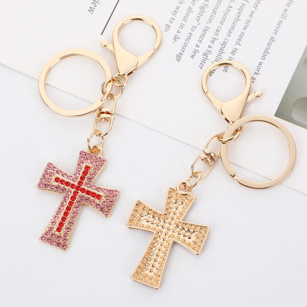 Wholesale Colored Cross with Water Diamond Metal Keychain