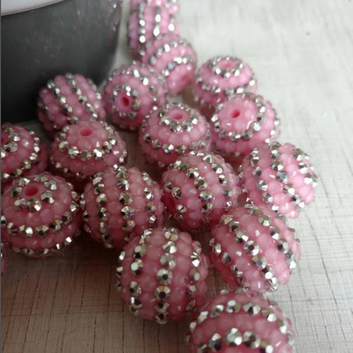 Wholesale 20MM Resin Sier Pink Striped Diamond Ball Beads