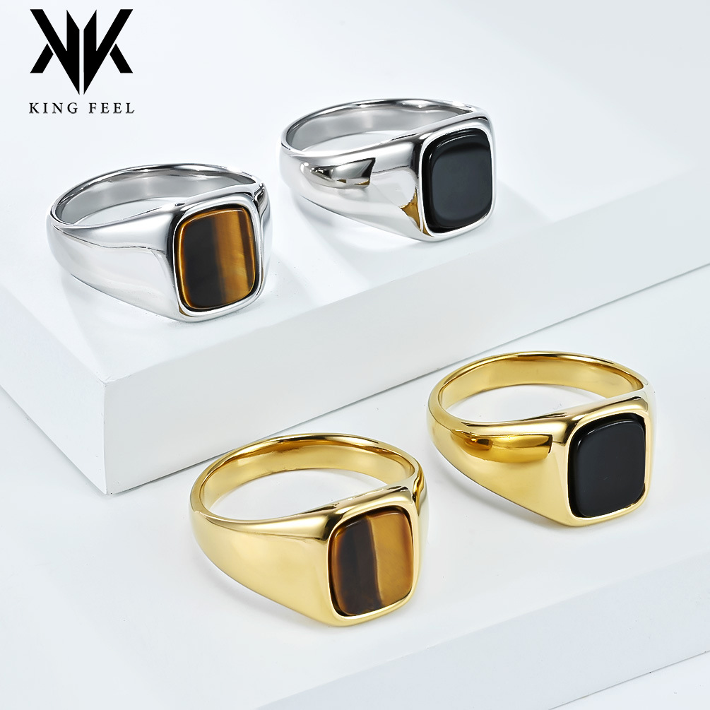 Wholesale Smooth black stone tiger eye gemstone titanium steel ring