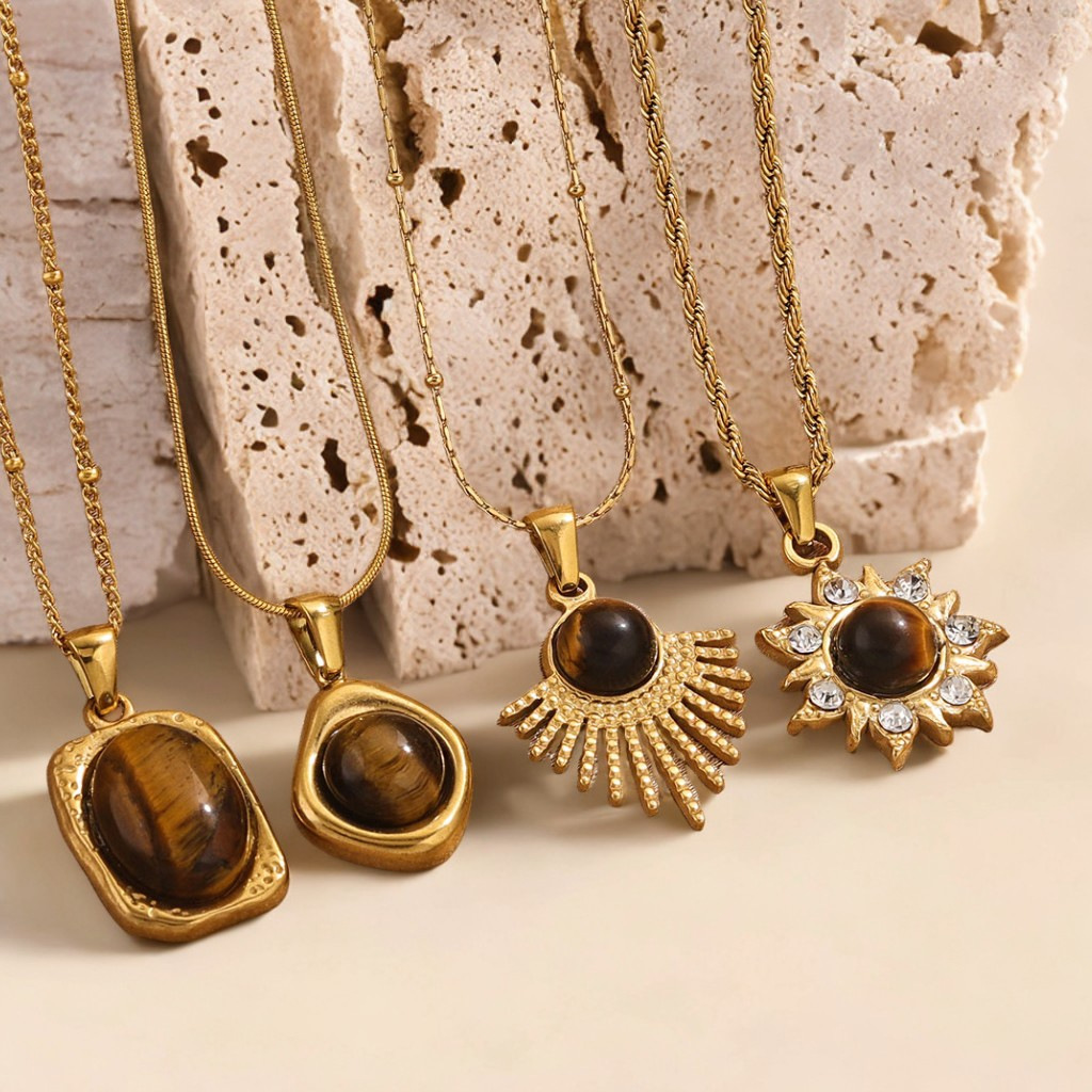 Wholesale Titanium Steel Tiger Eye Stone Pendant Necklace Aessory