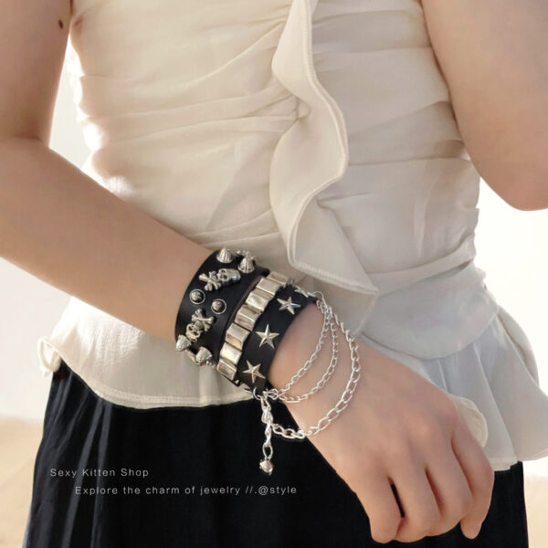 Wholesale Punk Leather Rivet Skeleton Wide Edge Bracelet