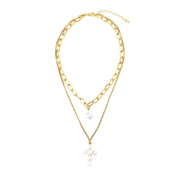 Wholesale Pearl Cross Multi layer Stacked Pendant Necklace