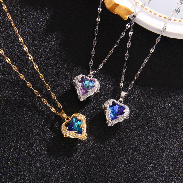 Wholesale Colored Crystal Peach Heart Titanium Steel Jewelry Necklace