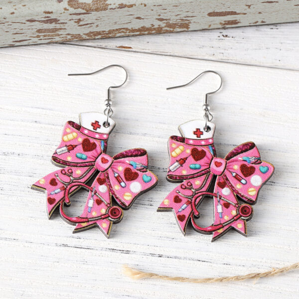 Wholesale Pink Love Nurse Hat Stethoscope Bow Pendant Earrings