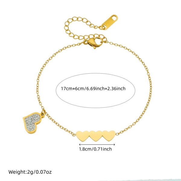 Wholesale Gold-plated Stainless Steel with Three Heart Charms and Rhinestones Bracelet