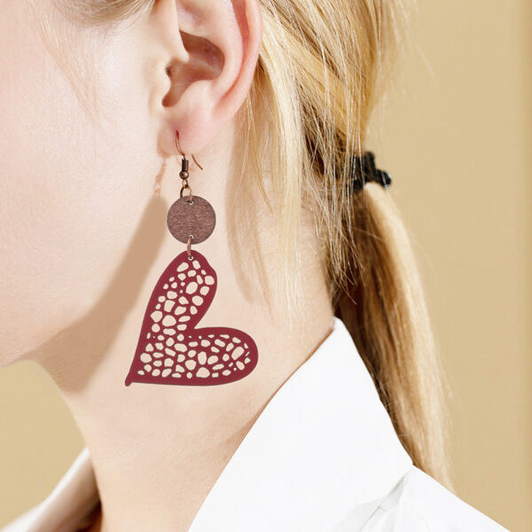 Wholesale Valentine's Day Love Wood Pieces Hollow Mesh Leather Earrings