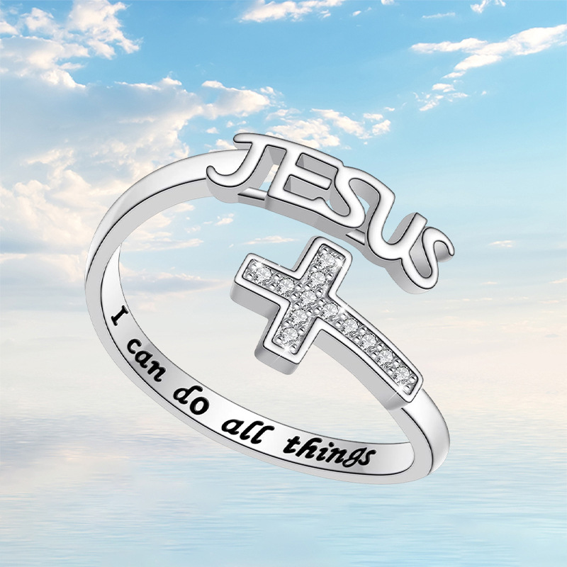 Wholesale Sier engraved cross with adjustable opening ring
