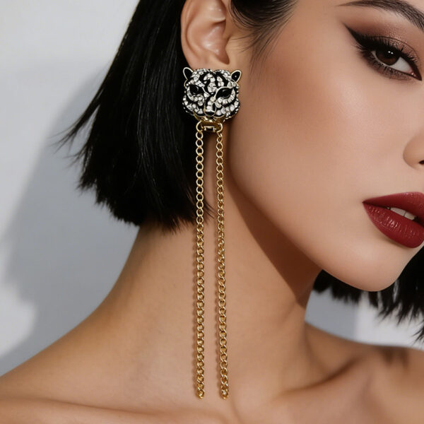 Wholesale 925 Silver Leopard Head Full Diamond Tassel Earrings