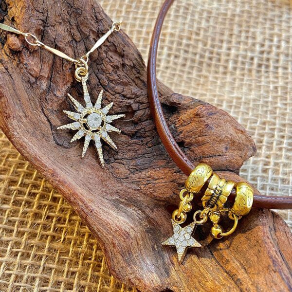 Wholesale Octagonal Star Brown Leather Sun Double Layer Necklace