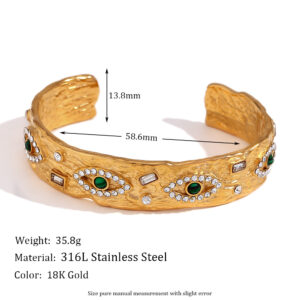 Peacock eye beating pattern rhinestone open bracelet-Gold