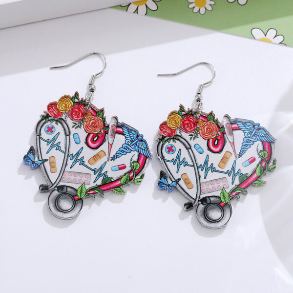 Wholesale Stethoscope Cow Print Heart Flower Pendant Acrylic Earrings