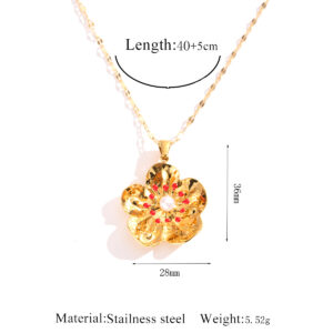 1/ Gold Flower Pearl Pendant - Red Necklace