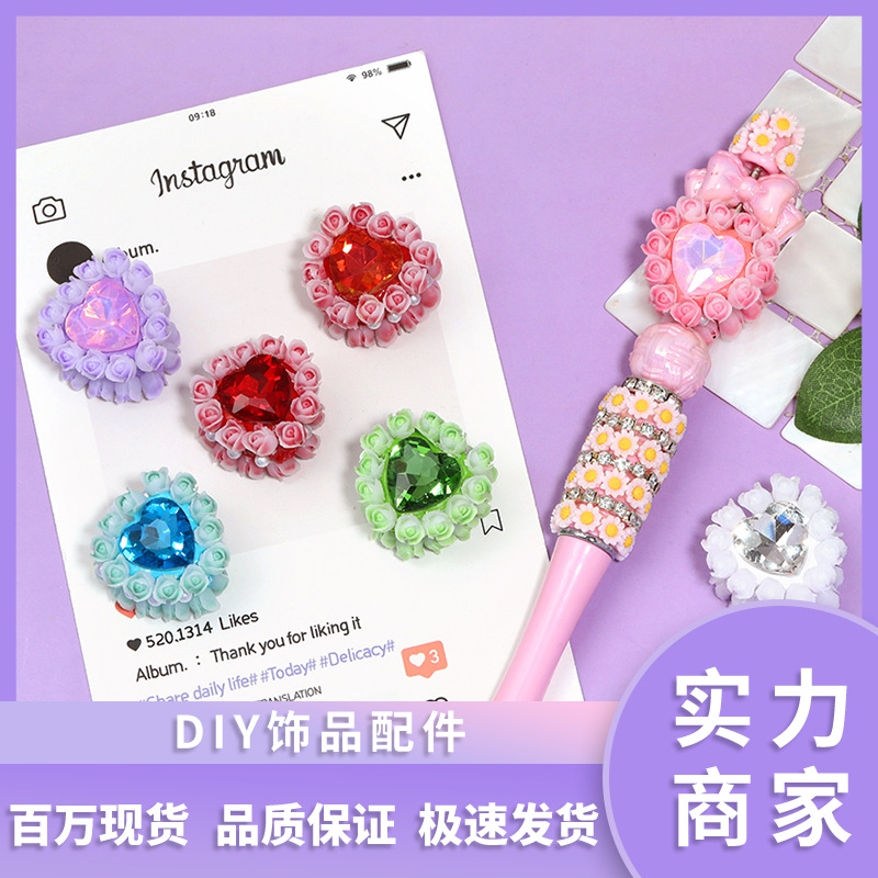 Wholesale tulip heart clay beads rhinestone double-sided through-hole beads