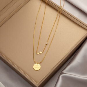 Round Card Cross Double Layer Necklace