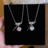 Wholesale Square Sugar White Diamond Bow Pink Diamond Titanium Steel Necklace