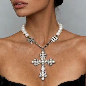 Wholesale Punk style pearl exaggerated cross pendant necklace