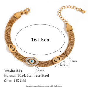 Three eyes rhinestone woven mesh chain bracelet-Gold