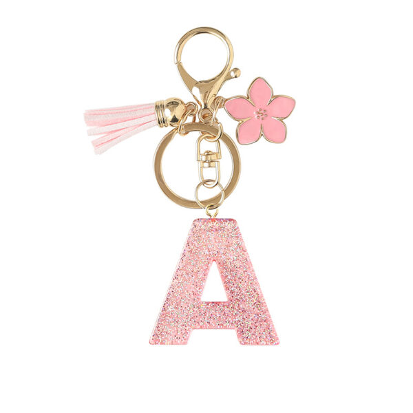Wholesale Pink 26 letter Sparkling Pink Flower Tassel Keychain