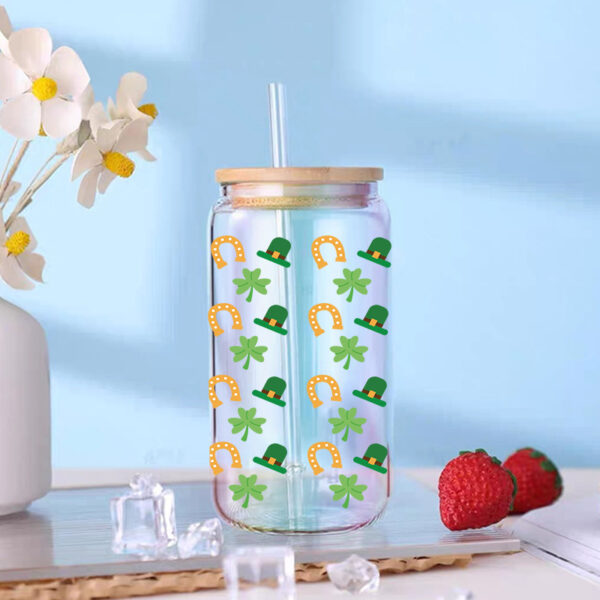 Wholesale Green Cartoon Four-Leaf Clover 16oz Cup UV DTF Wraps