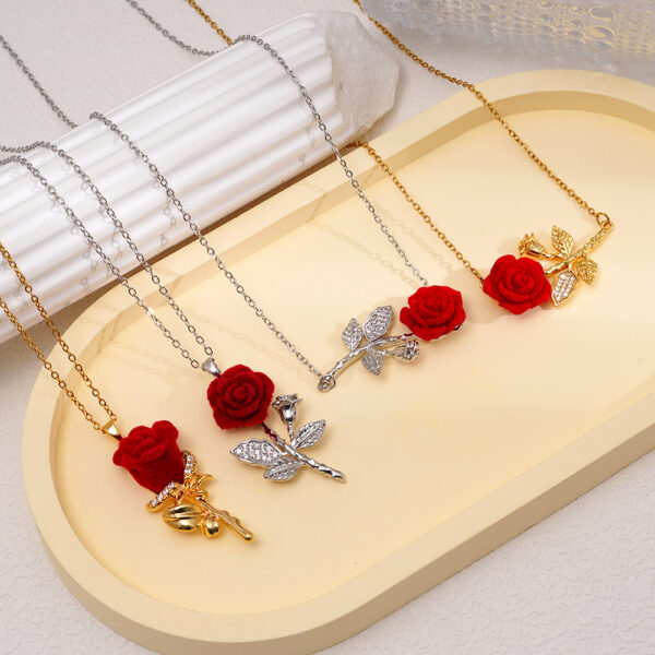 Wholesale Red Rose Diamond Stainless Steel Necklace