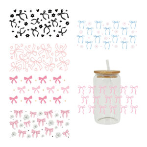 Wholesale Pink Cartoon Bow Ribbon 16oz Cup UV DTF Wraps