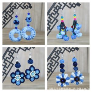 Wholesale Ethnic Style Dali Tie-Dye Style Blue-Dyed Fabric Handmade Earrings