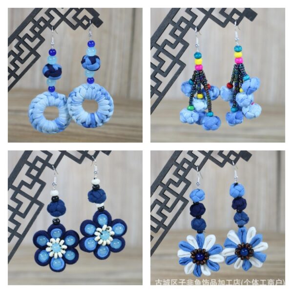 Wholesale Ethnic Style Dali Tie-Dye Style Blue-Dyed Fabric Handmade Earrings