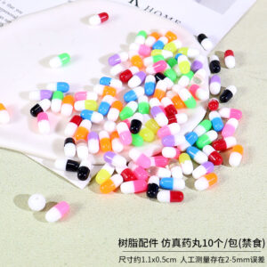 Resin accessories; 10 simulated pills per pack (do not ingest).
