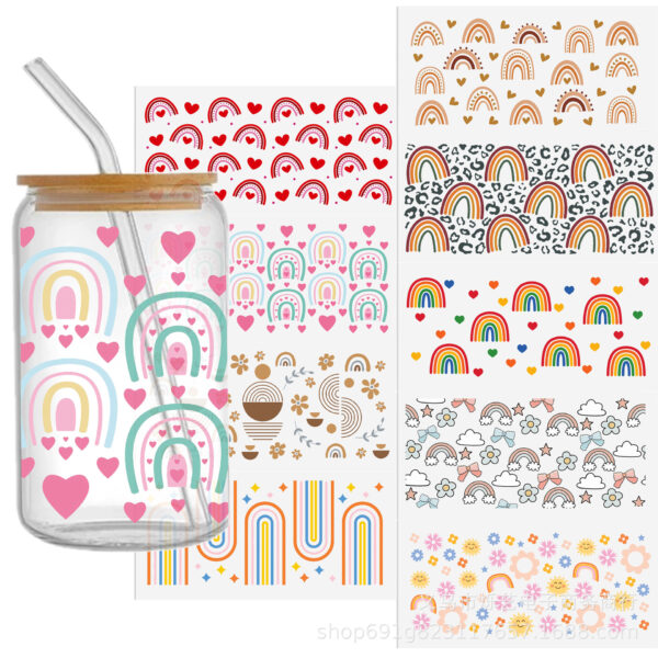 Wholesale Rainbow series UV DTF transfer crystal water cup waterproof sticker suit for 16OZ,1Yc51246