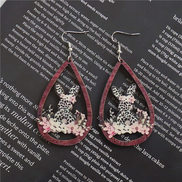 Wholesale Water droplet hollow leopard print Easter wooden earrings