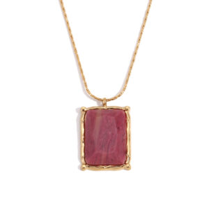 Rectangular Natural Stone Pendant Necklace-Gold-Red Strawberry