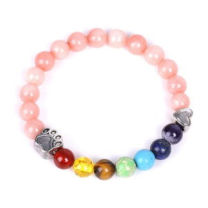 Rose quartz + silver dog paw bracelet