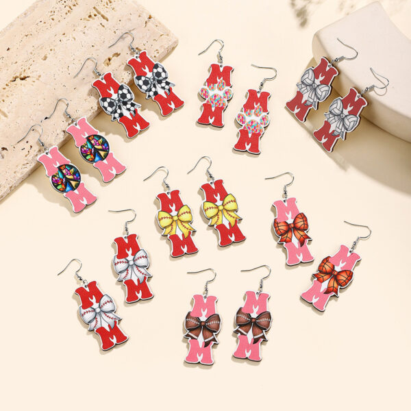 Wholesale Mother's Day Wooden Earrings Sports Baseball Shiny Earrings Bow Jewelry