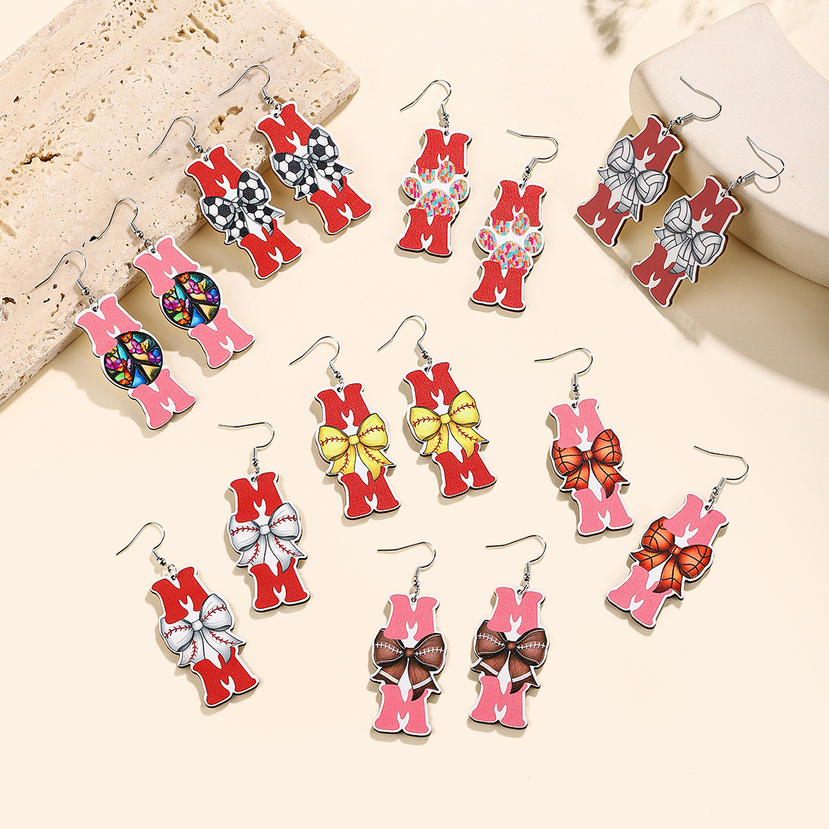 Wholesale Mother's Day Wooden Earrings Srts Baseball Shiny Earrings Bow Jewelry