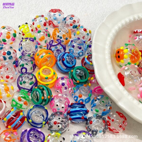 Wholesale Transparent hollow glass heart-shaped polka dot hand-painted flower beads