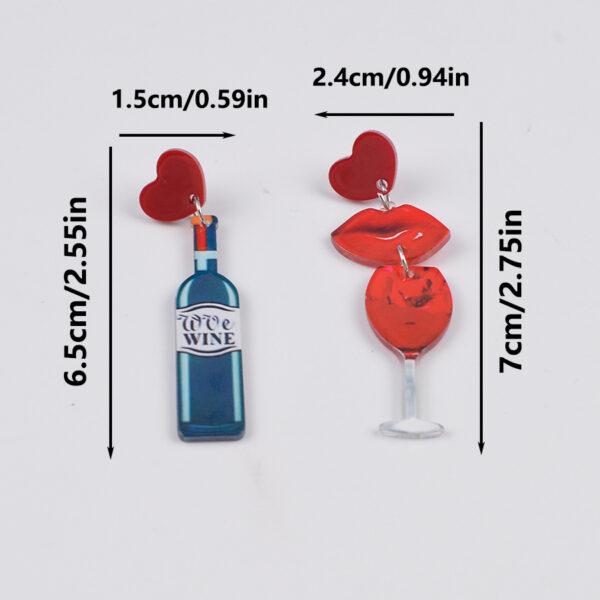 Wholesale Red Wine Bottle Romantic Fiery Red Lip Wine Glass Valentine's Day Asymmetrical Earrings