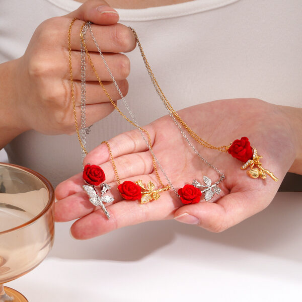 Wholesale Red Rose Diamond Stainless Steel Necklace